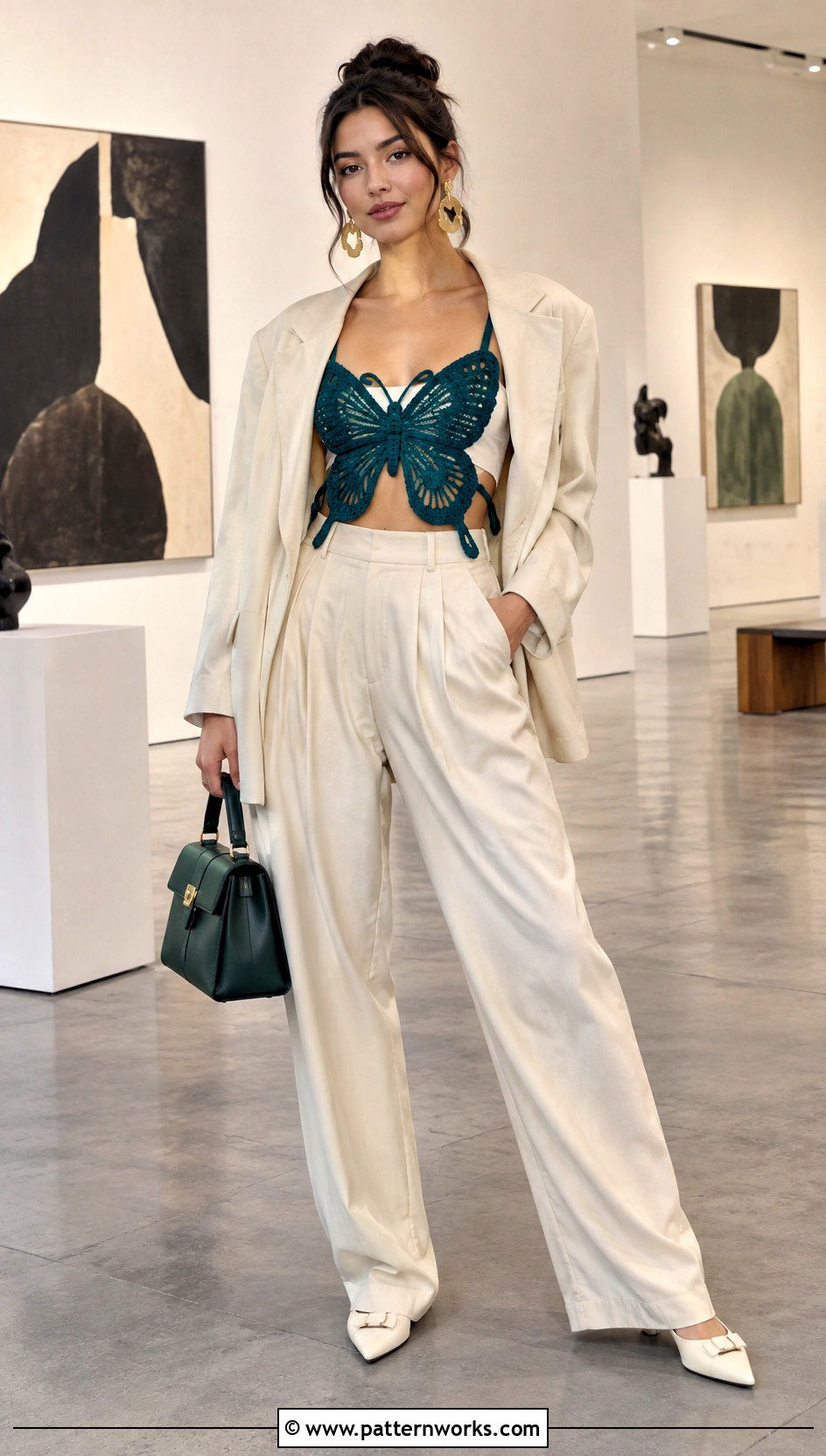 Crochet Butterfly Top With Tailored Trousers - 30 Crochet Butterfly Top outfit ideas