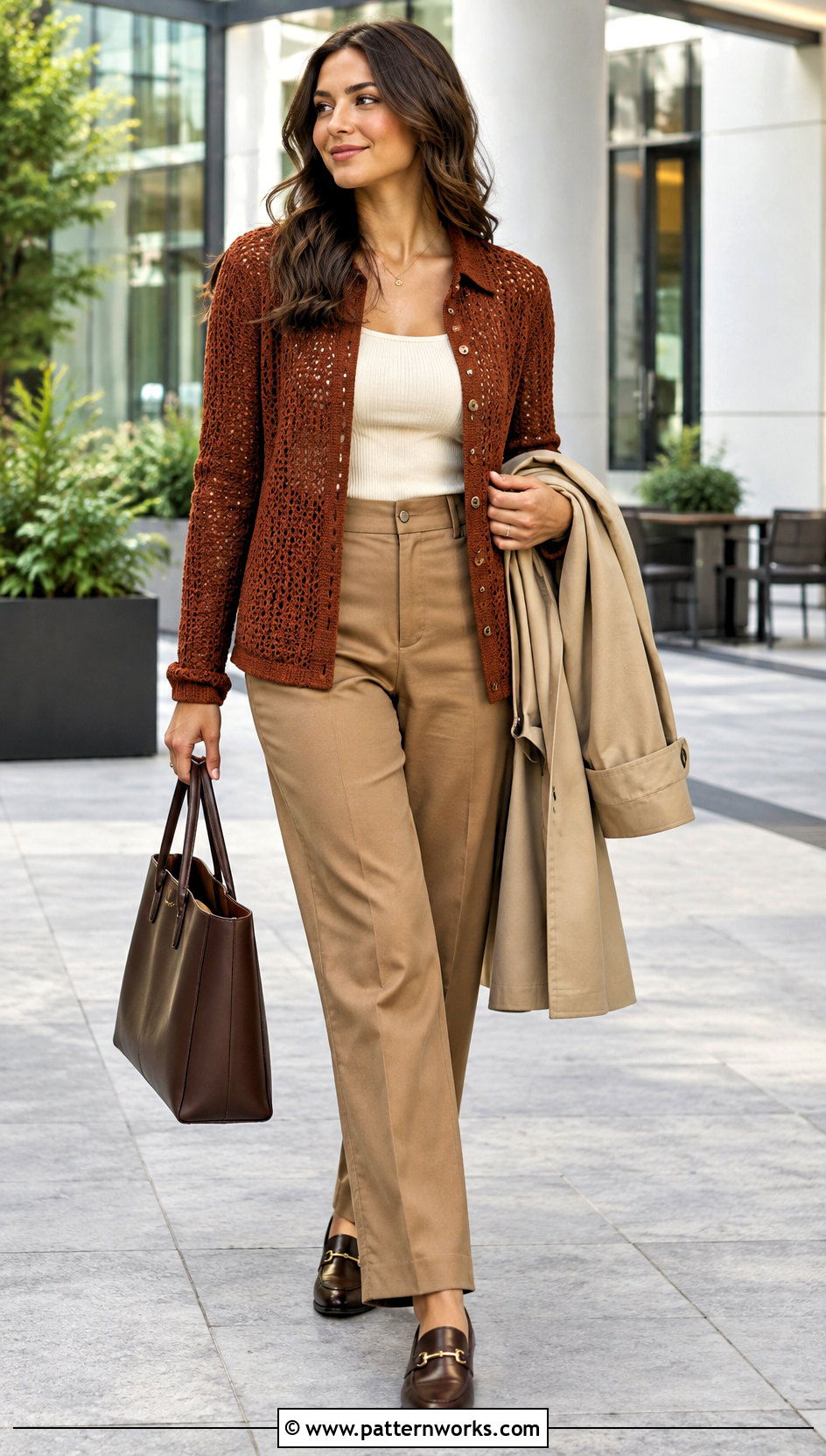Crochet Button Up Shirt With Tailored Pants - 24 Fall Crochet Outfit Ideas