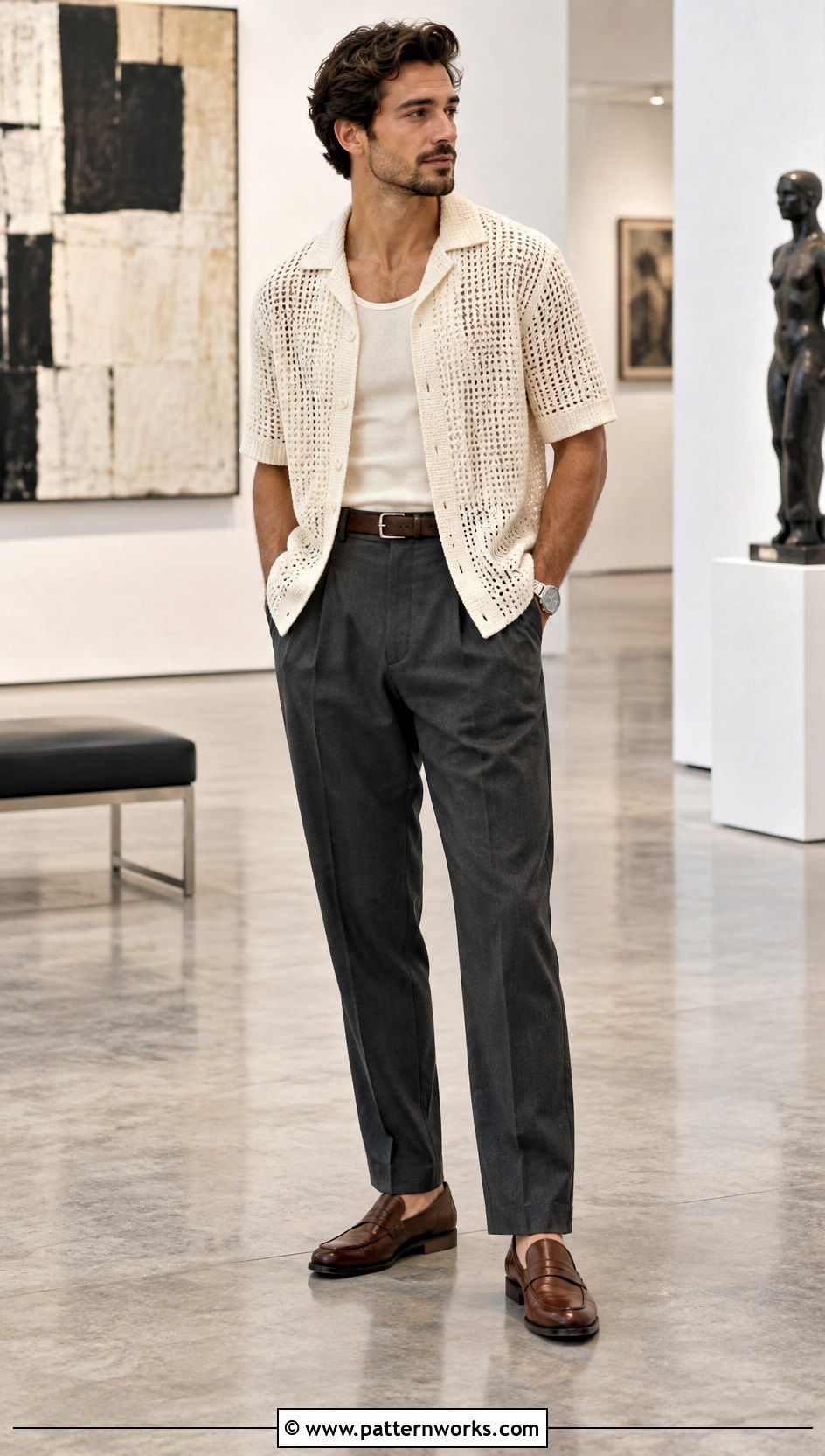 Crochet Camp Collar Shirt With Pleated Trousers - 30 crochet shirts for men outfit ideas