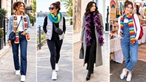 18 Crochet Candy Scarf Outfit Ideas for Colorful Looks