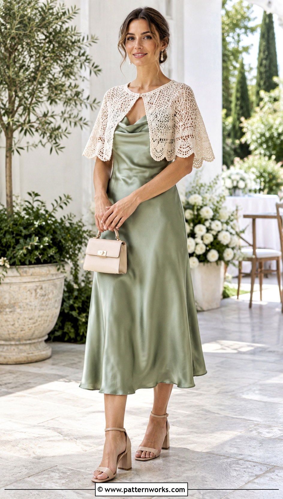 Crochet Capelet Poncho Outfit With Satin Midi Dress - 24 ladies crochet poncho outfit ideas