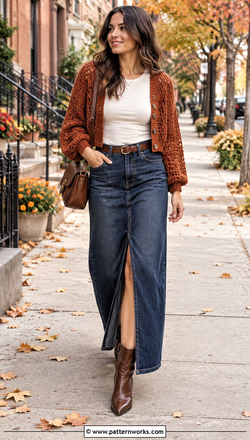 Crochet Cardigan With Denim Maxi Skirt - 24 Fall Crochet Outfit Ideas