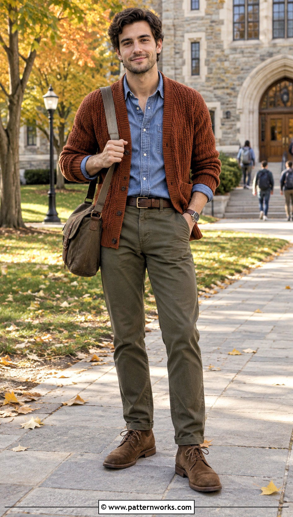 Crochet Cardigan With Denim Shirt And Chinos - 24 mens crochet cardigan sweater outfit ideas