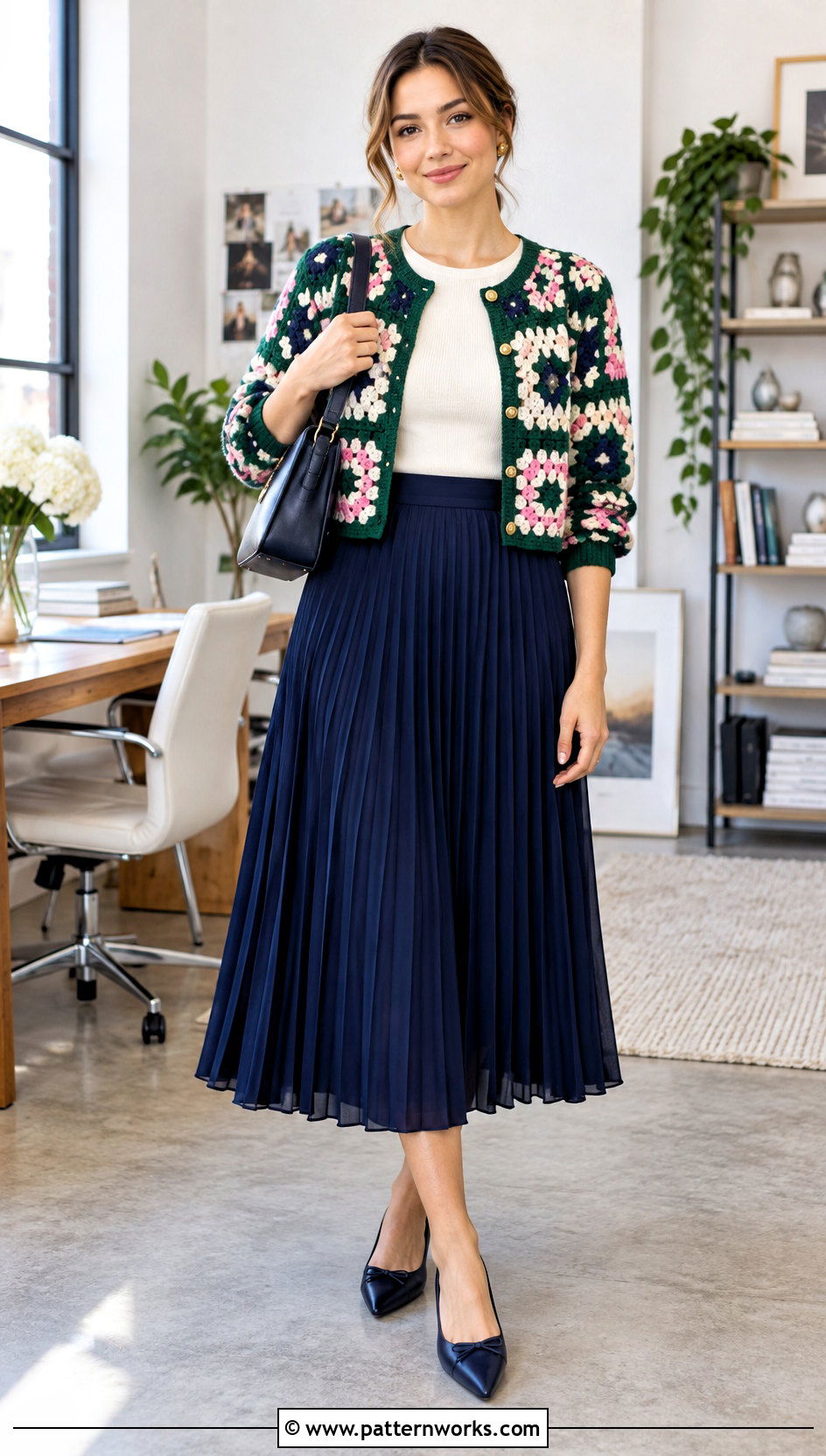 Crochet Cardigan With Pleated Midi Skirt - 24 Crochet Colourful Cardigan outfit ideas
