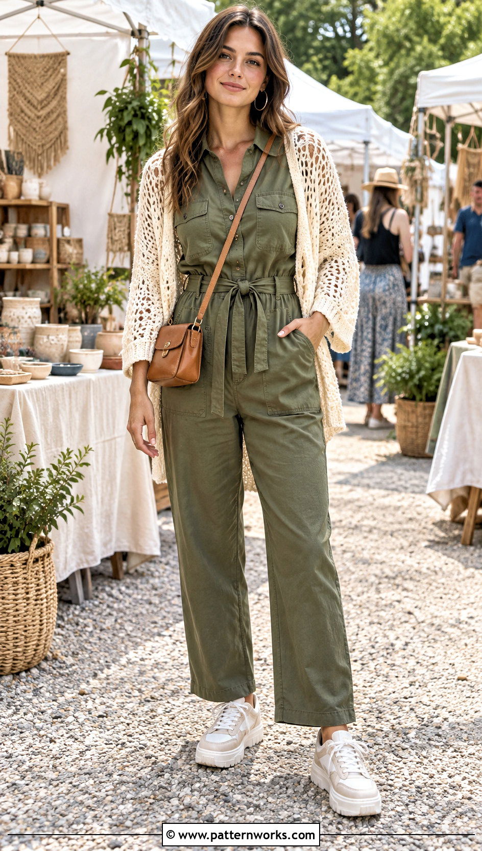 Crochet Cardigan With Utility Jumpsuit - 30 crochet cardigan women outfit ideas