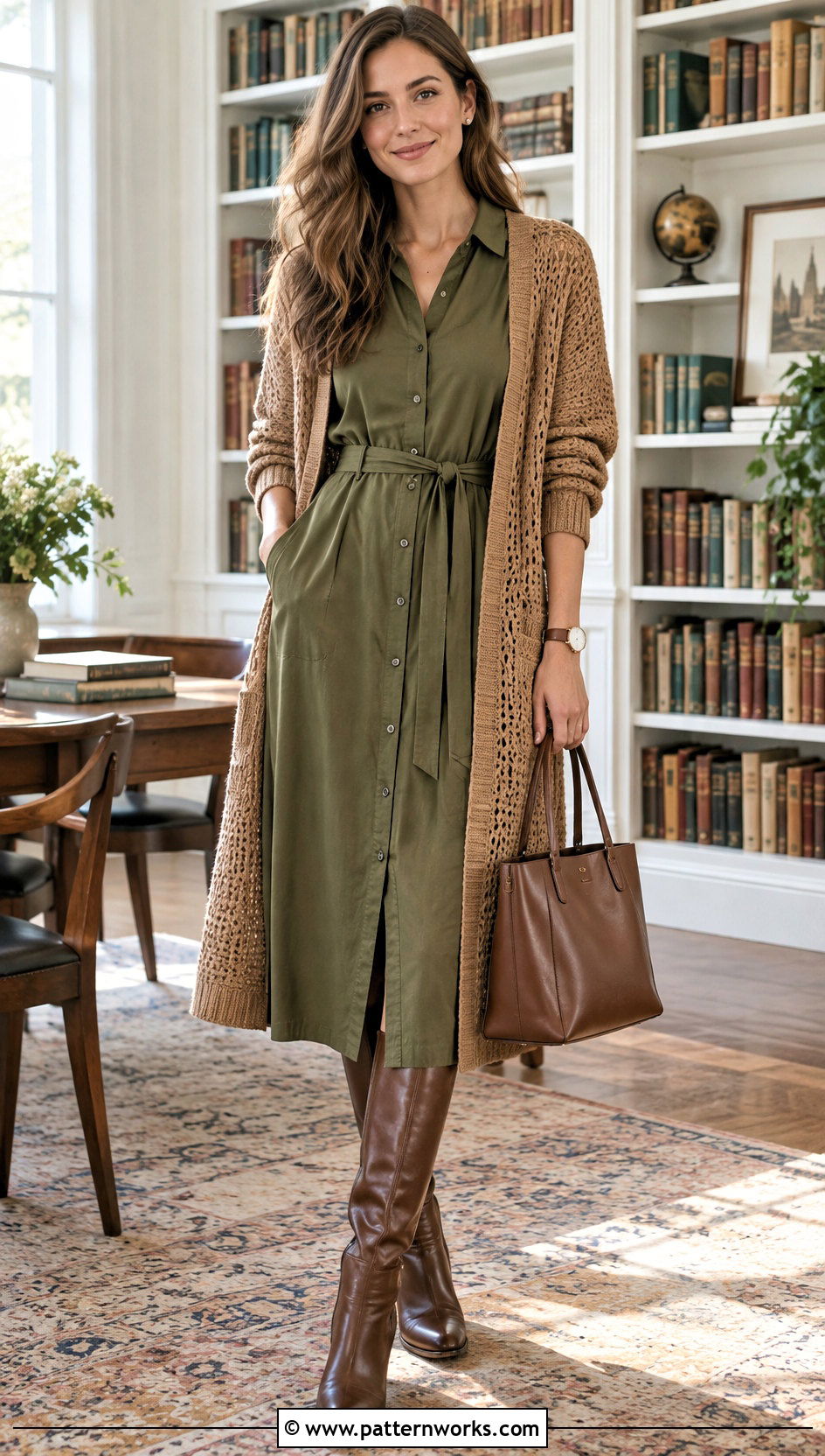 Crochet Cardigan With a Shirt Dress - 30 crochet fall cardigan outfit ideas