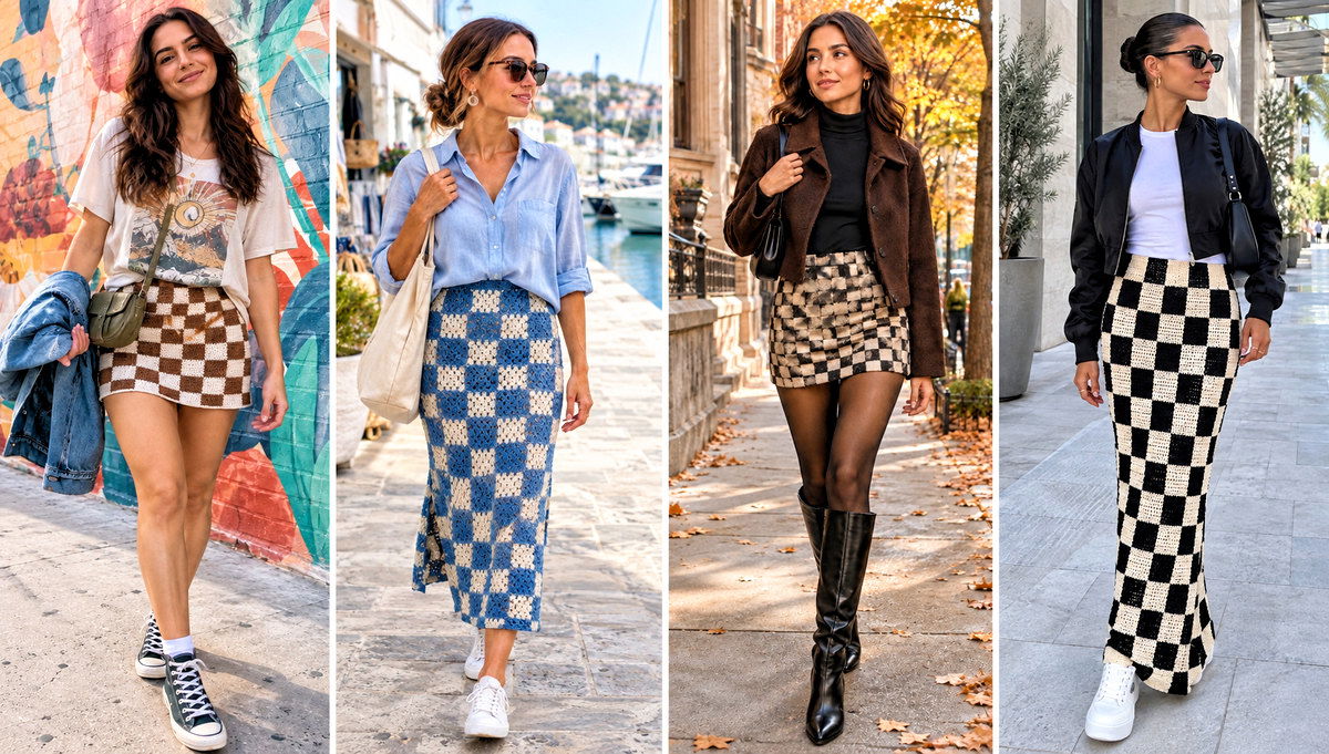 24 Crochet Checkered Skirt Outfit Ideas for Playful Styling