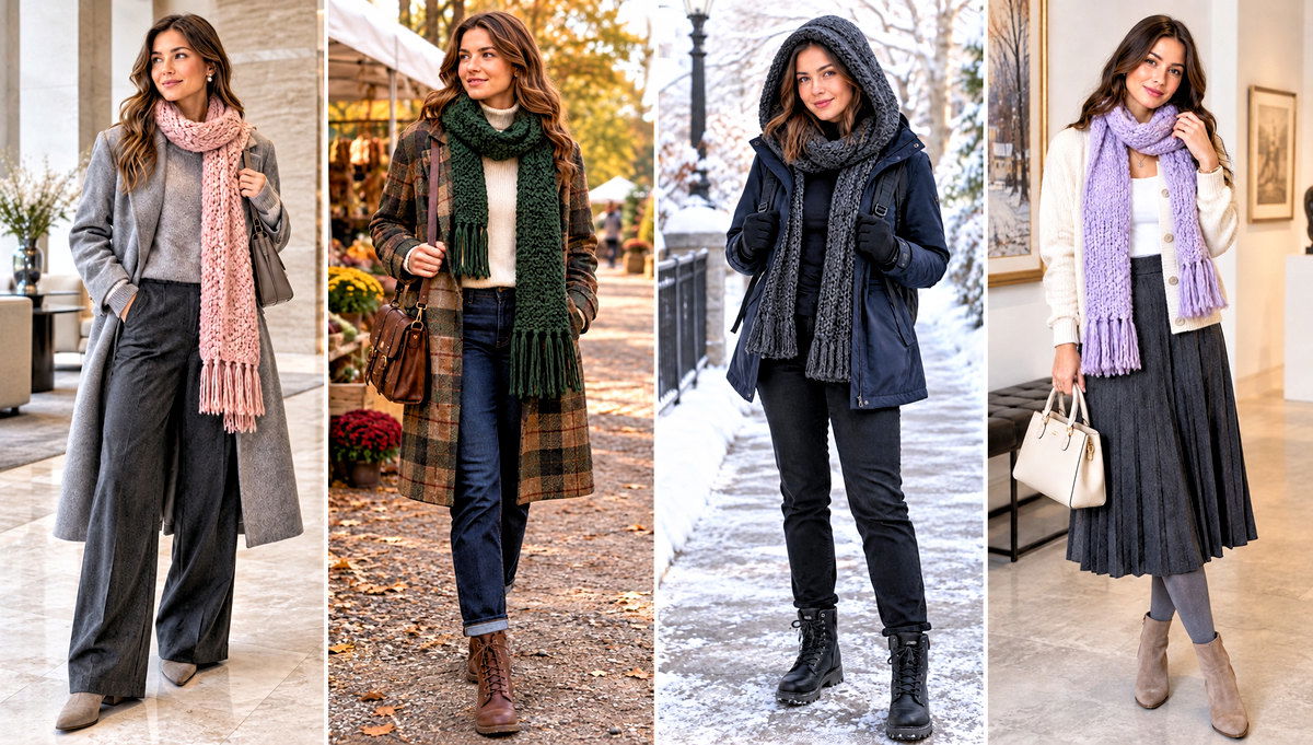 24 Crochet Chenille Scarf Outfit Ideas for Cozy City Style