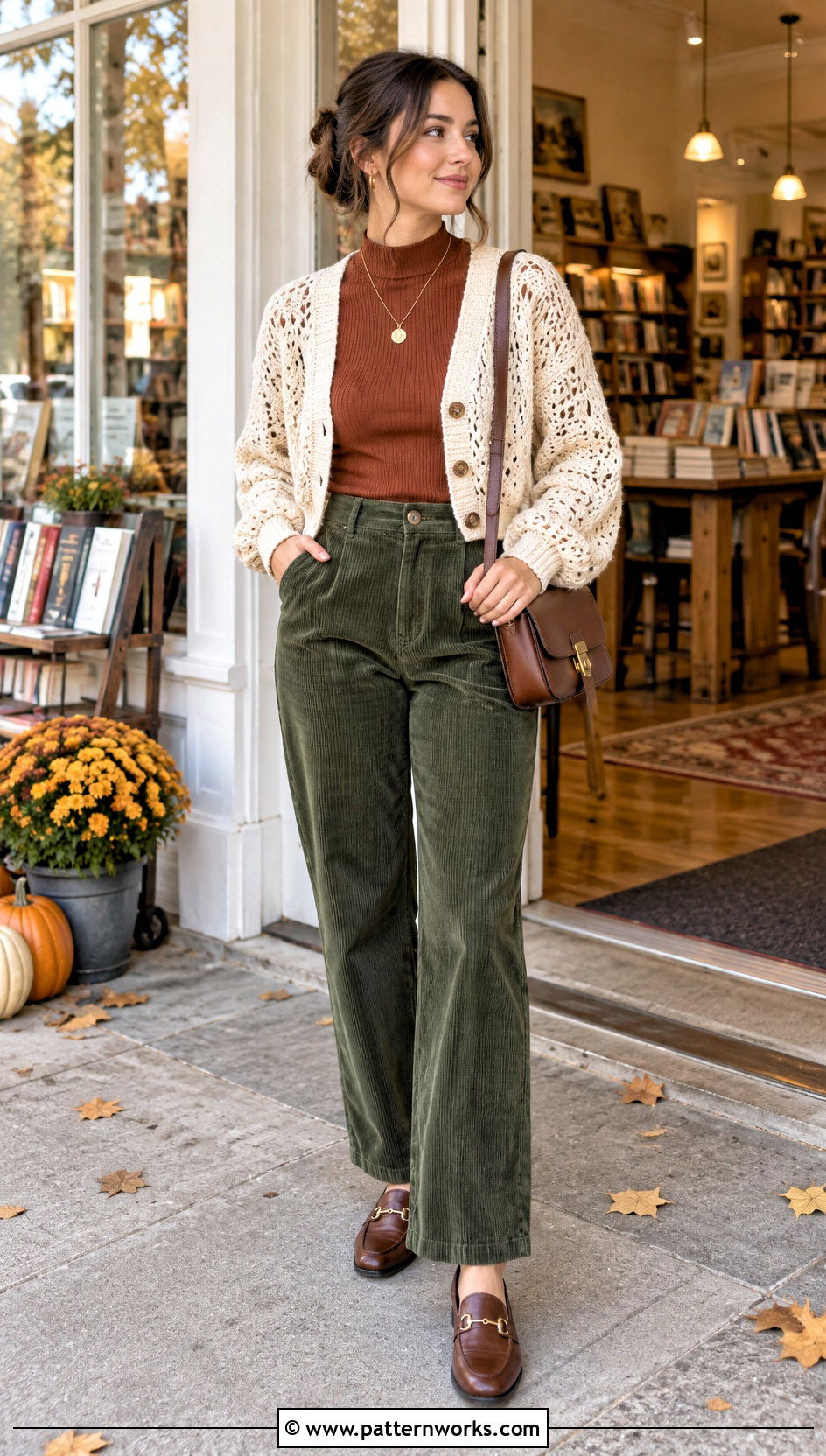Crochet Cropped Cardigan With Corduroy Trousers - 30 crochet cropped cardigan outfit ideas