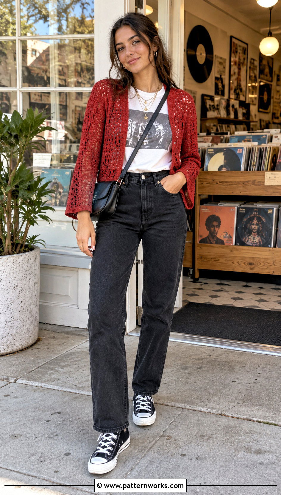 Crochet Cropped Cardigan With Graphic Tee And Black Jeans - 30 crochet cropped cardigan outfit ideas