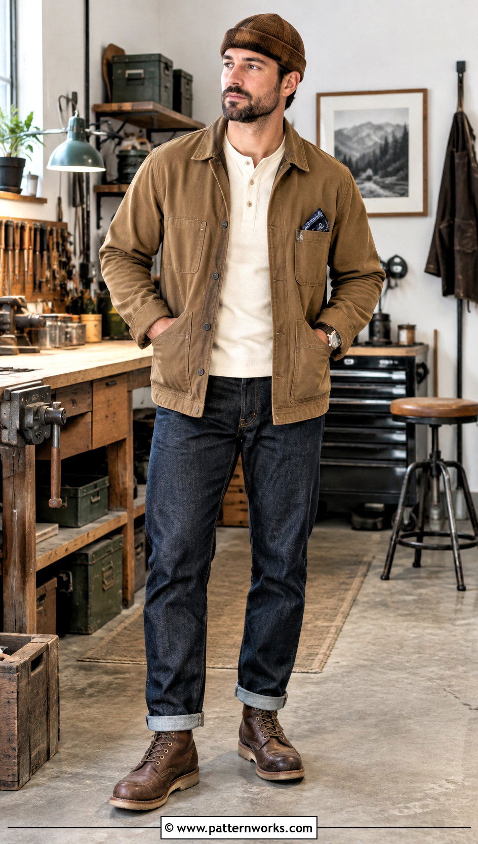 Crochet Docker Hat With Workwear Jacket - 30 male crochet hat outfit ideas