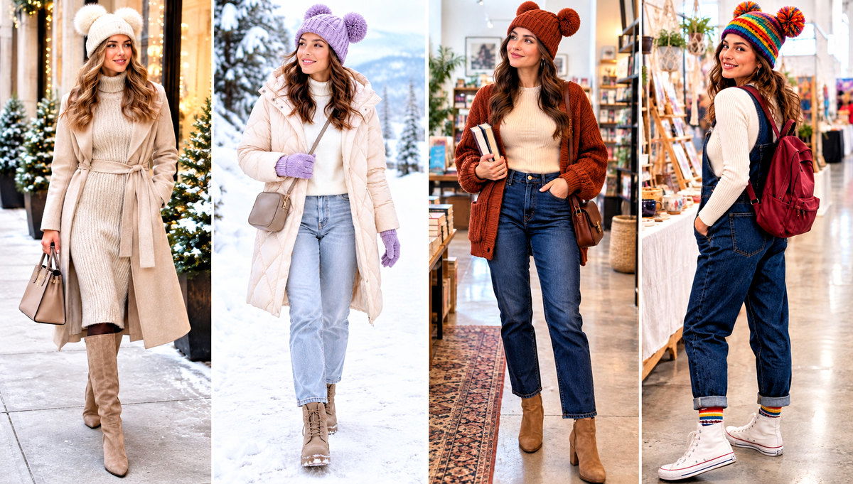 24 Crochet Double Pom Pom Hat Outfit Ideas for Snow Days