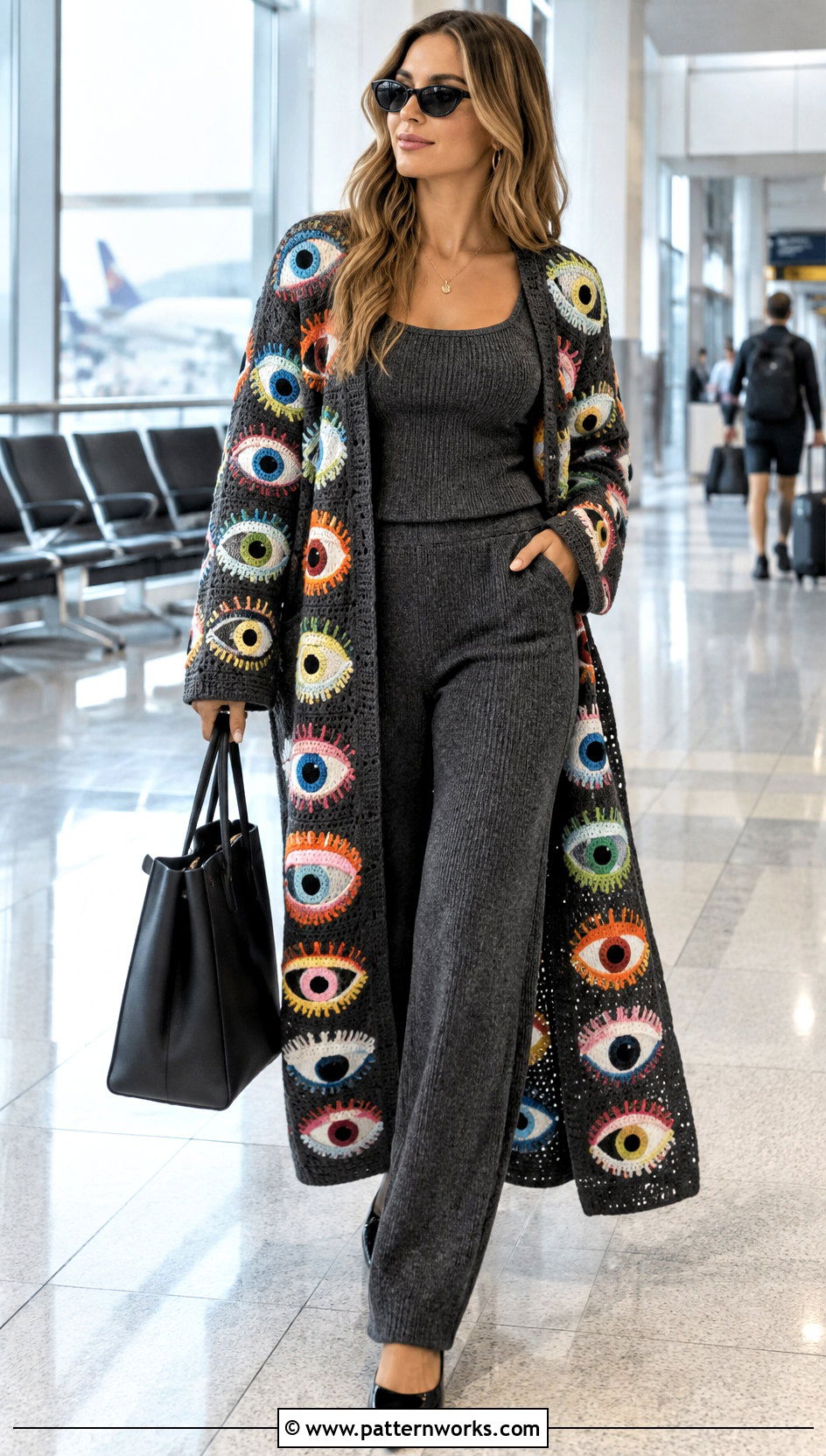 Crochet Eyeball Cardigan With Monochrome Knit Set - 18 Crochet Eyeball Cardigan outfit ideas