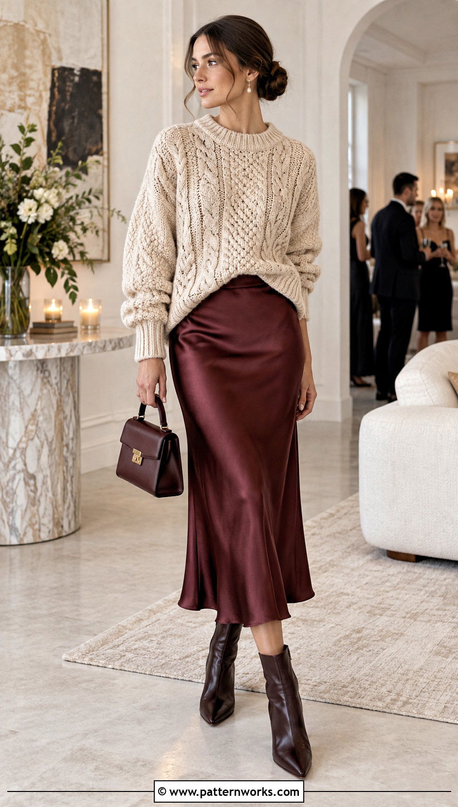Crochet Fisherman Sweater With Satin Midi Skirt - 24 crochet fisherman sweater outfit ideas