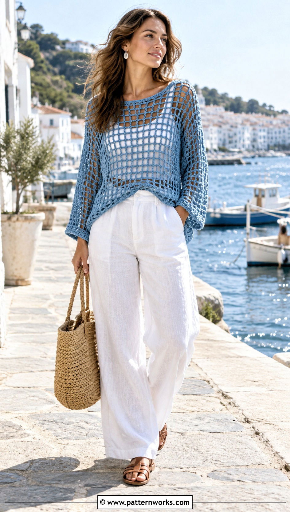 Crochet Fisherman Sweater With White Linen Pants - 24 crochet fisherman sweater outfit ideas