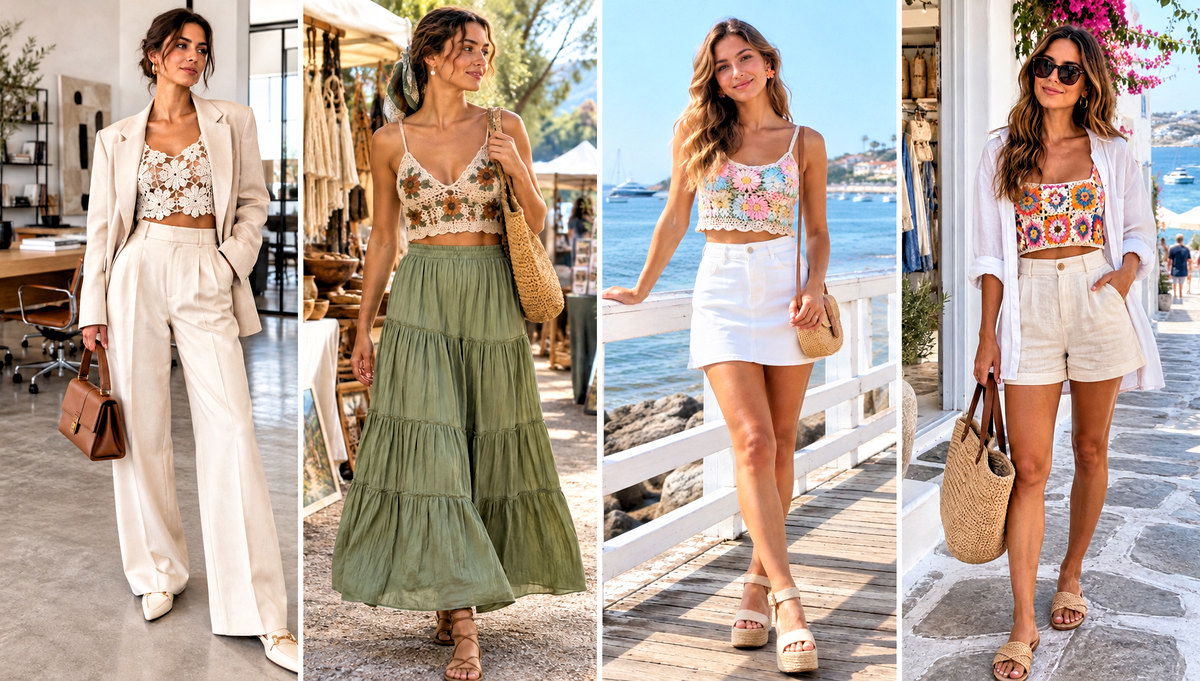 30 Crochet Flower Crop Top Outfit Ideas for Summer Trips