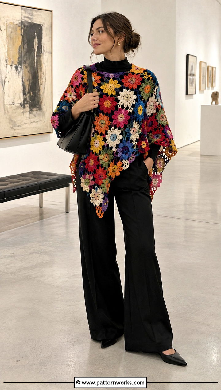 Crochet Flower Poncho With Black Pants - 24 Crochet Flower Poncho outfit ideas