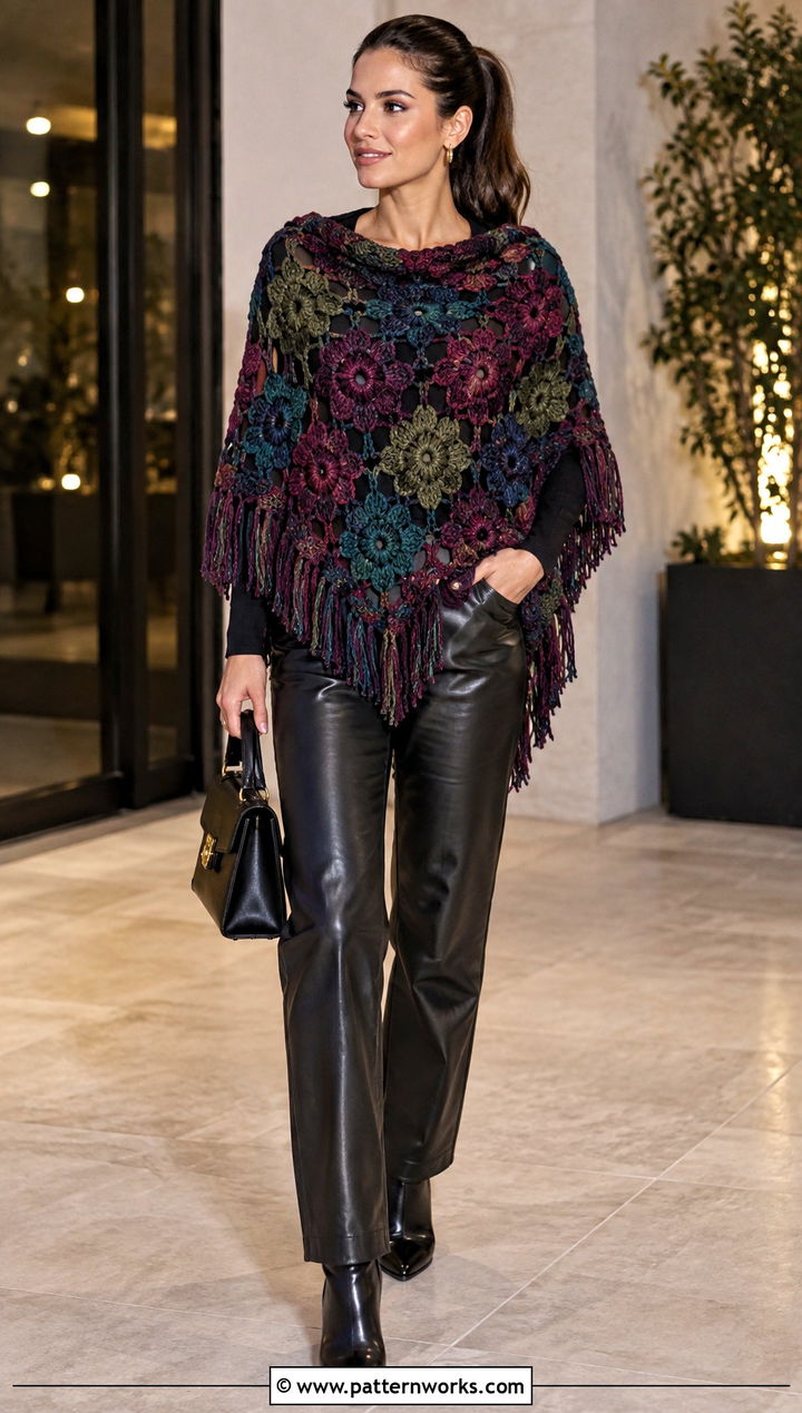 Crochet Flower Poncho With Leather Pants - 24 Crochet Flower Poncho outfit ideas