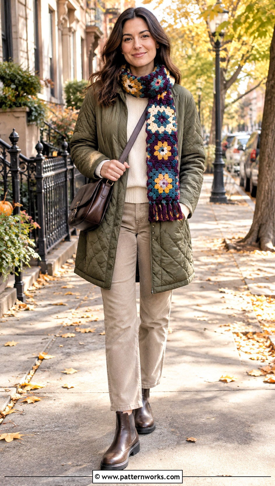 Crochet Flower Scarf With Quilted Coat And Ankle Boots - 30 crochet flower scarf outfit ideas