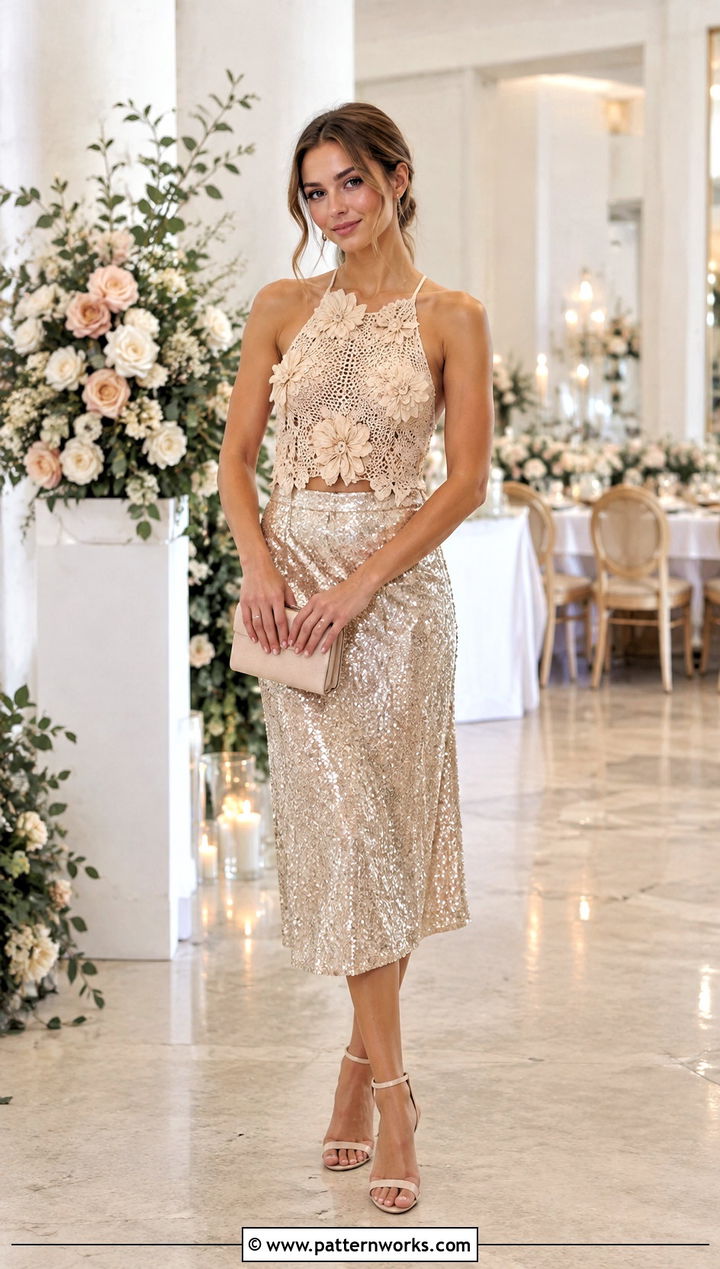 Crochet Flower Top With Sequin Midi Skirt - 30 crochet top with flowers outfit ideas