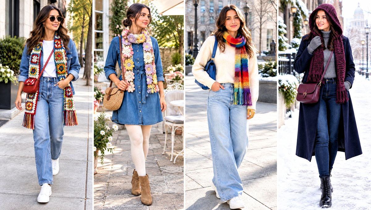 24 Crochet Fun Scarf Outfit Ideas for Colorful Winter Looks
