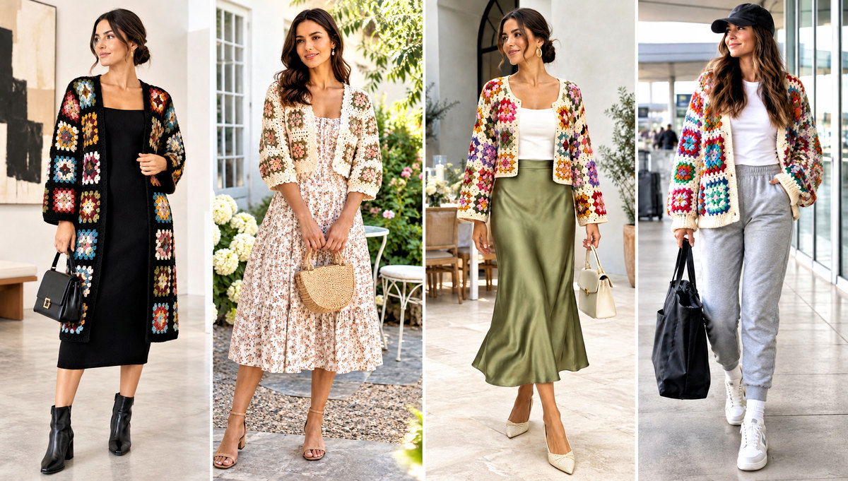 30 Crochet Granny Square Cardigan Outfit Ideas for Layering