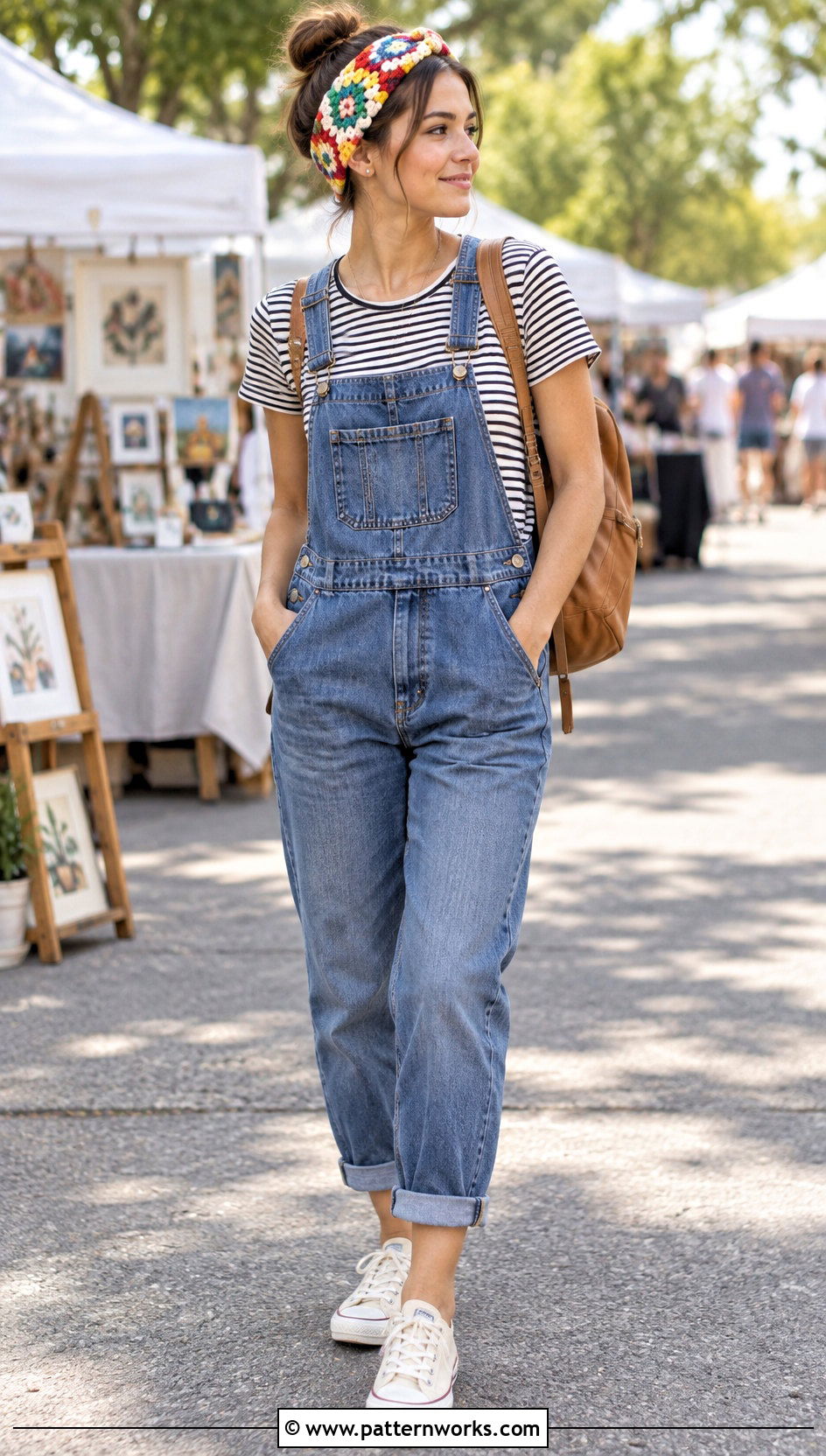 Crochet Granny Square Headband With Overalls And Striped Tee - 18 Crochet Granny Square Headband outfit ideas
