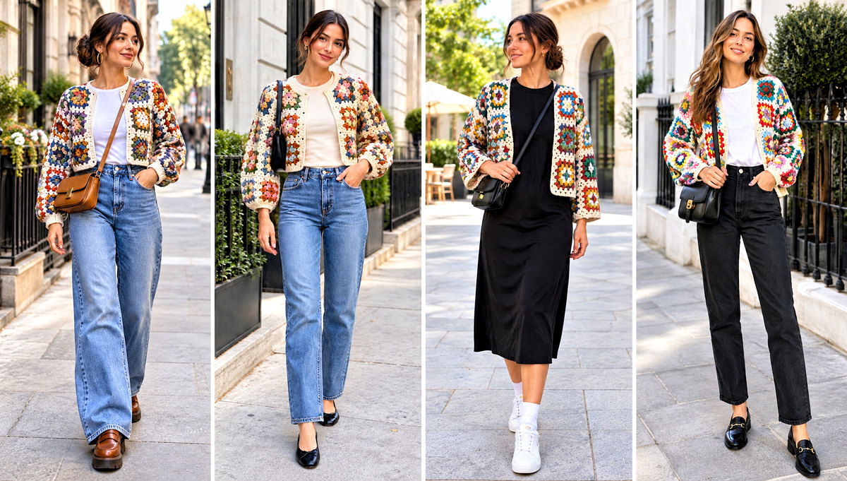 30 Crochet Granny Square Jacket Outfit Ideas With Denim