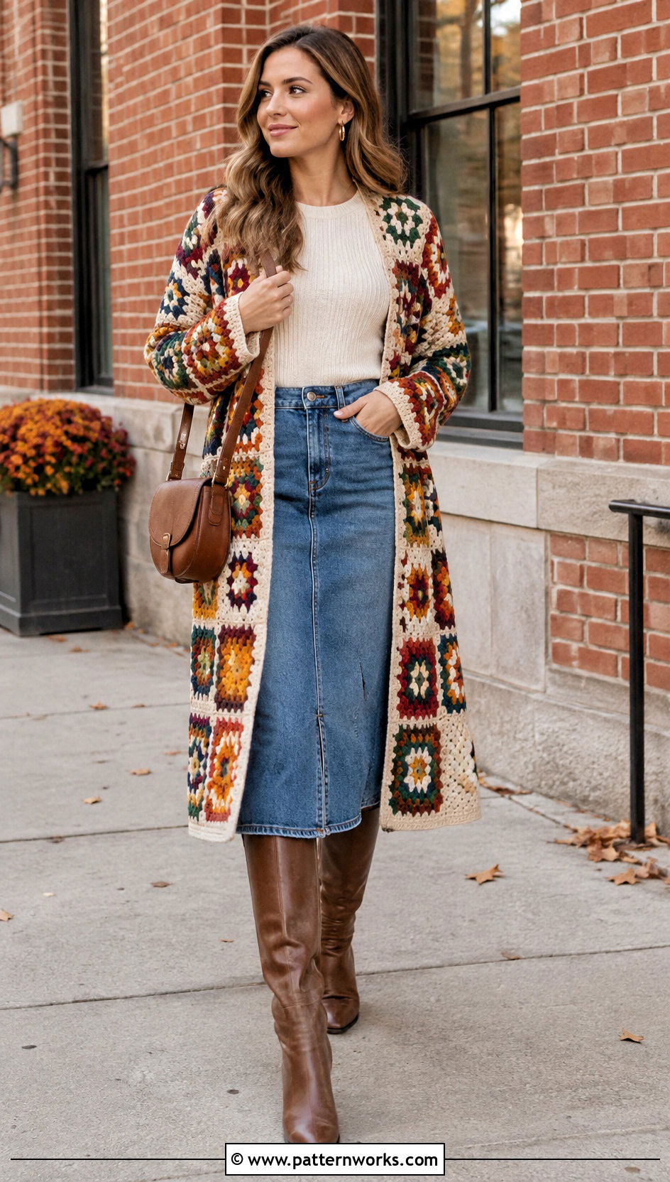 Crochet Granny Square Long Cardigan With a Denim Skirt - 24 crochet granny square long cardigan outfit ideas
