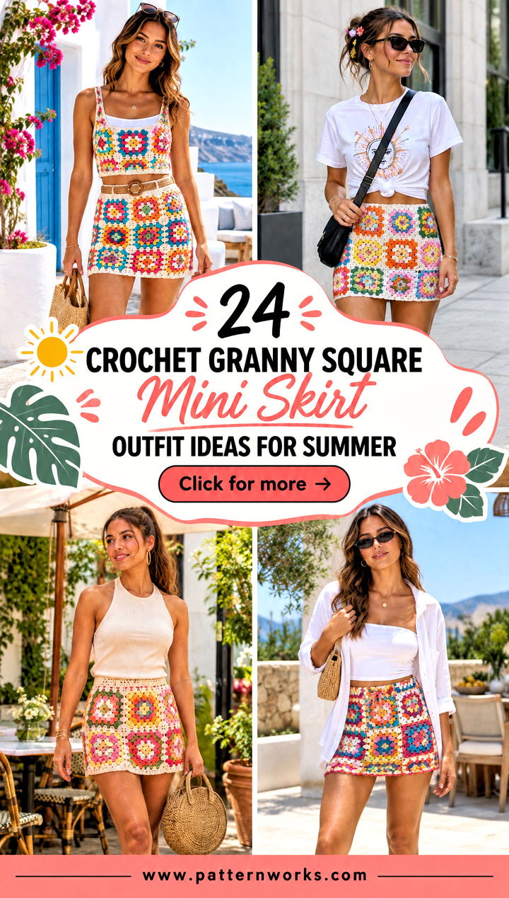 24 Crochet Granny Square Mini Skirt Outfit Ideas for Summer - 24 Crochet Granny Square Mini Skirt Outfit Ideas for Summer
