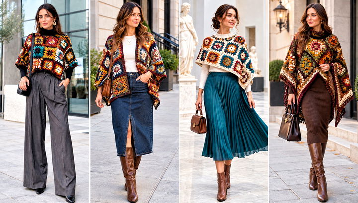 30 Crochet Granny Square Poncho Outfit Ideas for Fall Walks