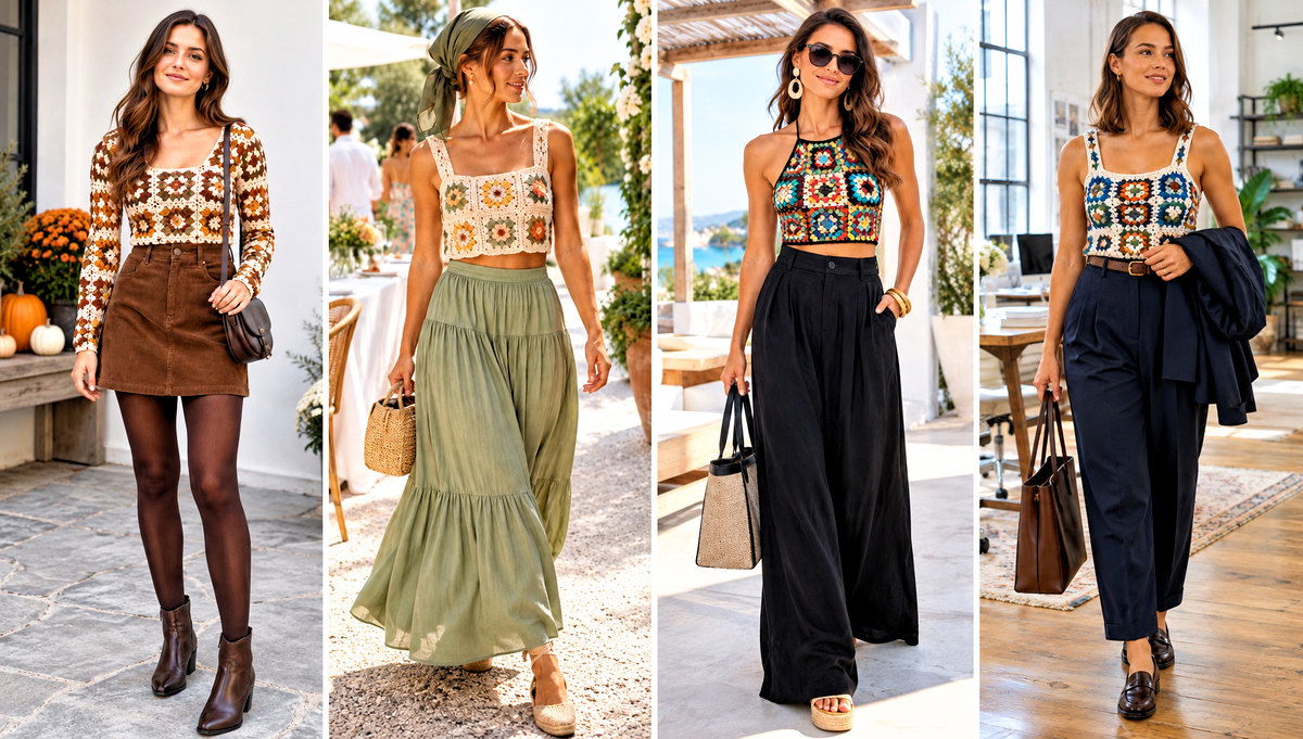 30 Crochet Granny Square Top Outfit Ideas for Boho Looks