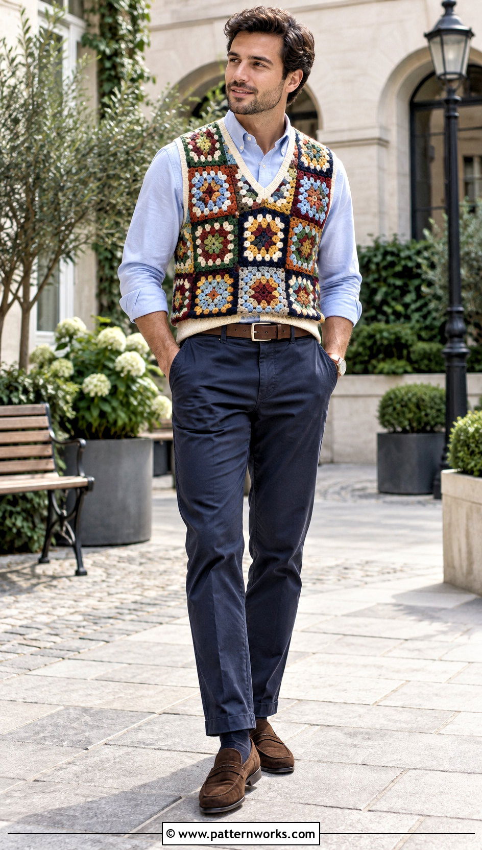 Crochet Granny Square Vest With Oxford Shirt - 24 crochet men's clothes and outfit ideas