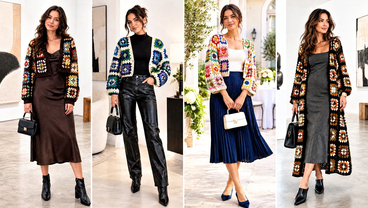 30 Crochet Granny Squares Cardigan Outfit Ideas With Dresses