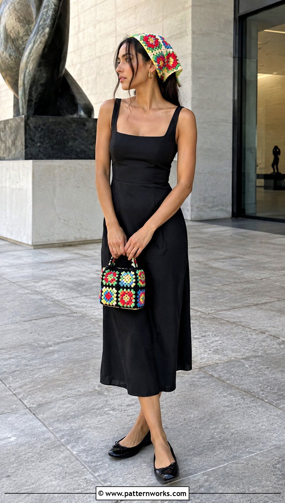 Crochet Hair Scarf With Black Midi Dress - 30 crochet hair scarf outfit ideas