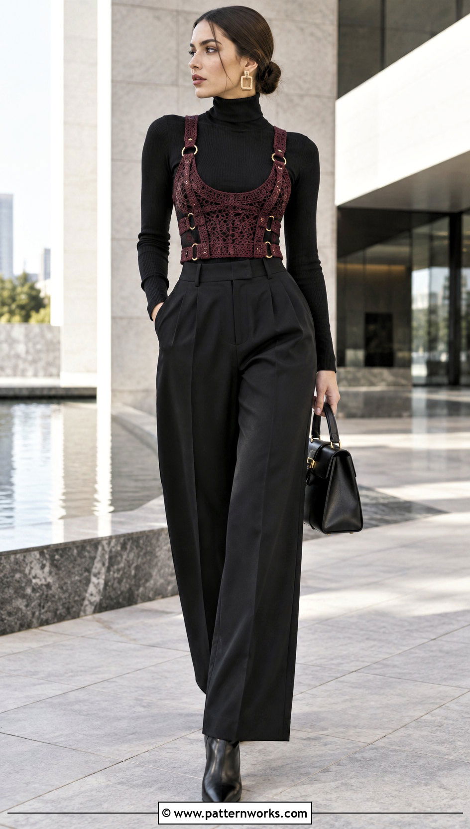 Crochet Harness Top With Turtleneck And Wide Leg Pants - 18 Crochet Harness Top outfit ideas