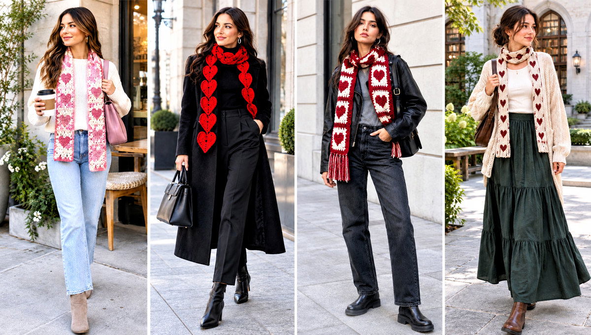 24 Crochet Heart Scarf Outfit Ideas for Romantic Looks