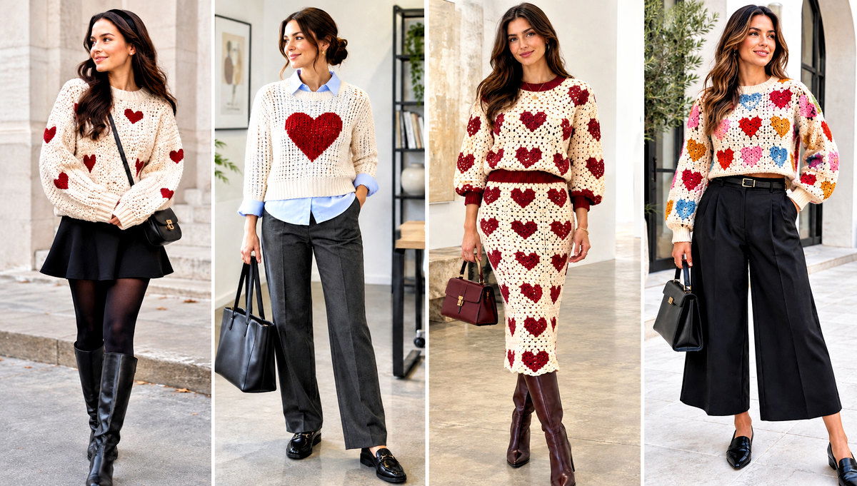 30 Crochet Heart Sweater Outfit Ideas for Playful Style