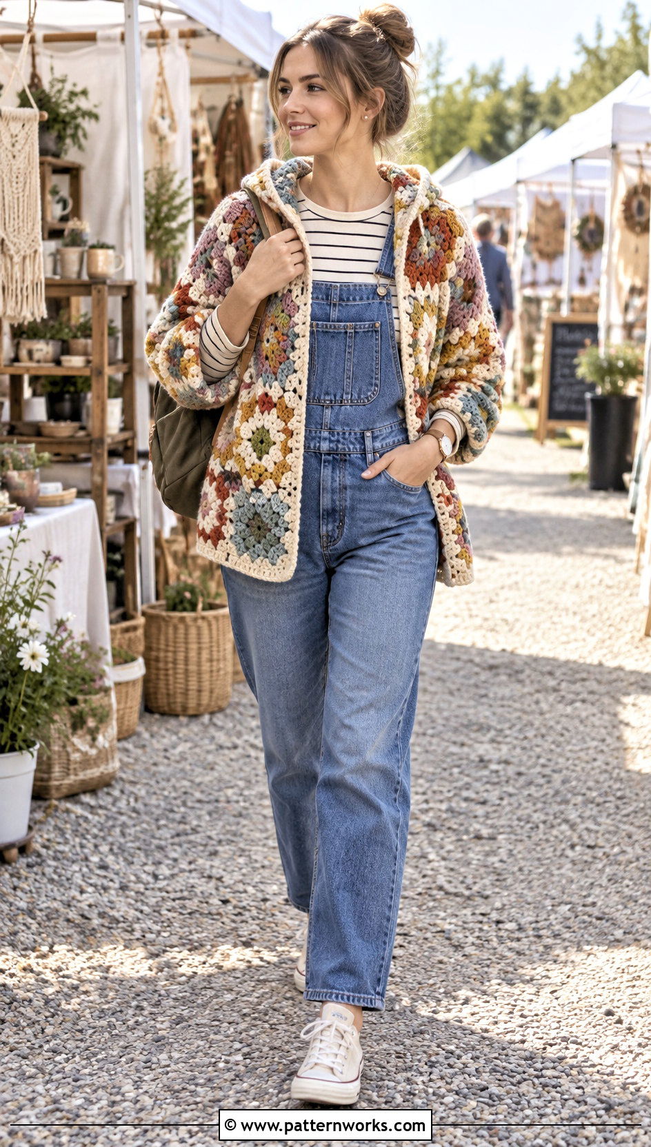 Crochet Hexagon Cardigan With Hood And Denim Overalls - 24 Crochet Hexagon Cardigan With Hood outfit ideas