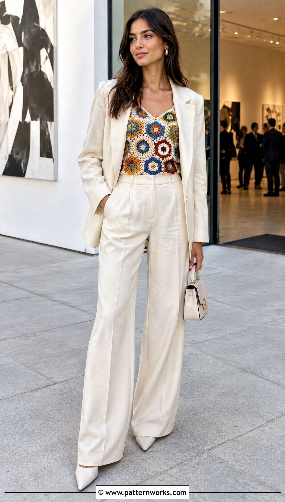 Crochet Hexagon Top With Relaxed Suit - 30 crochet hexagon top outfit ideas