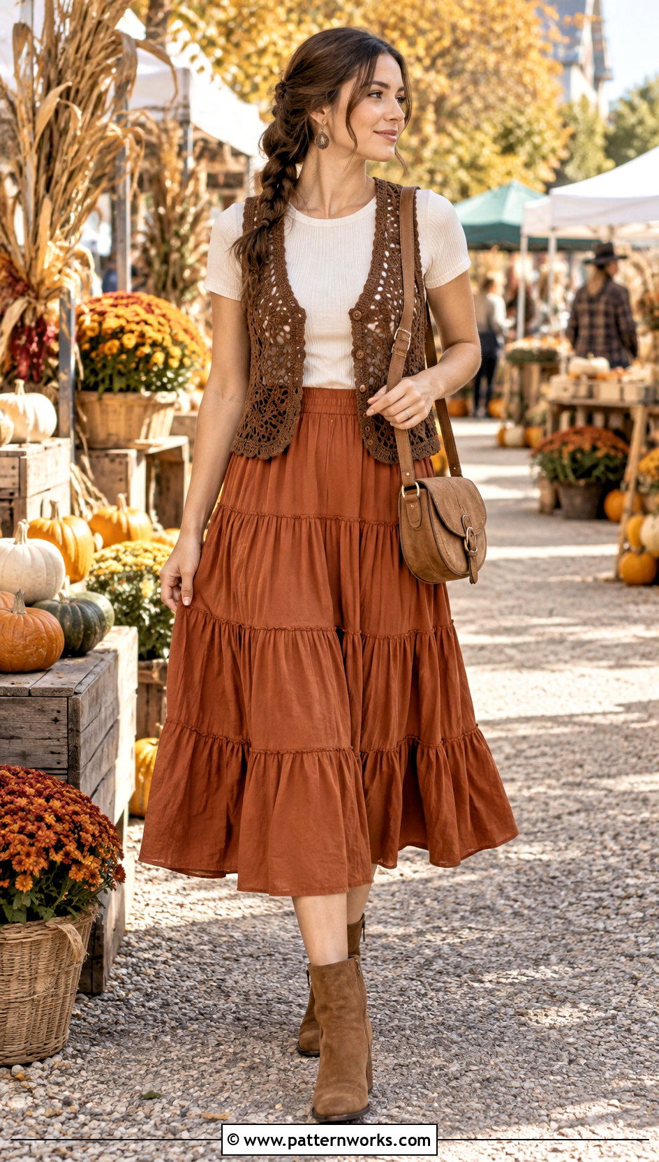 Crochet Hippie Vest Outfit With Tiered Midi Skirt - 24 crochet hippie vest outfit ideas