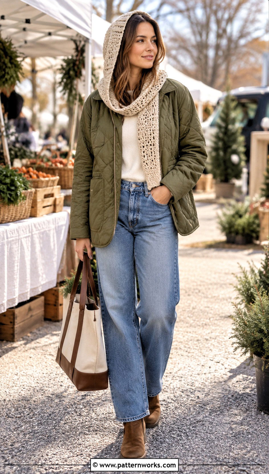 Crochet Hood Scarf Outfit With Quilted Jacket - 30 crochet hood scarf outfit ideas