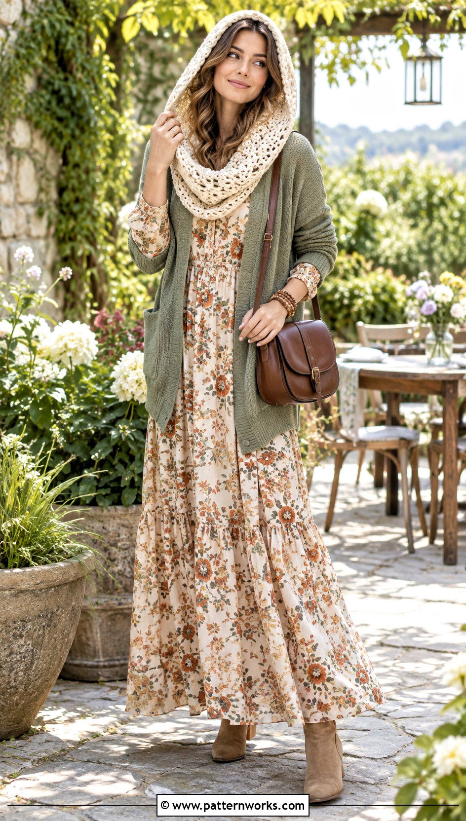 Crochet Hooded Infinity Scarf With Maxi Dress And Cardigan - 18 crochet infinity scarf with hood outfit ideas