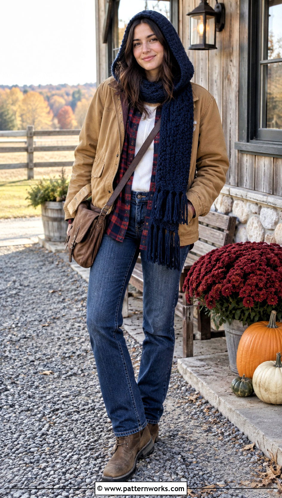 Crochet Hooded Scarf With Flannel Shirt Outfit - 30 crochet scarf with hood outfit ideas