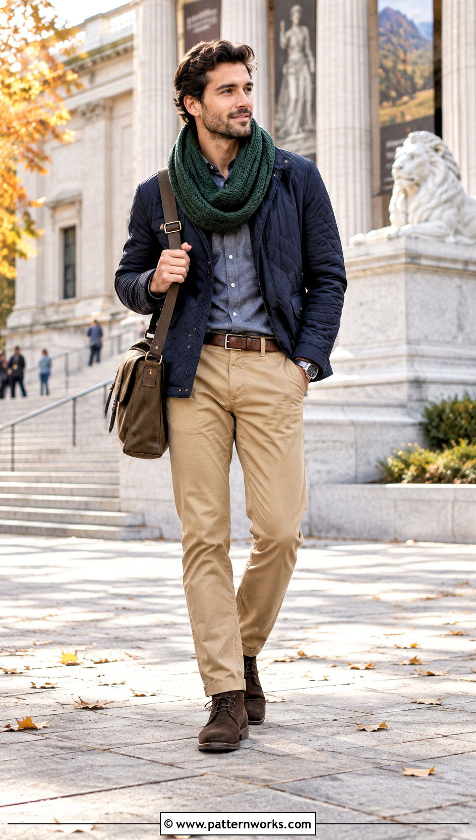 Crochet Infinity Scarf With Quilted Jacket - 30 Mens Crochet Scarf outfit ideas