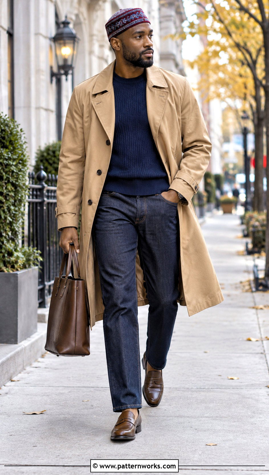 Crochet Kufi Hat With Trench Coat And Straight Jeans - 30 crochet kufi hat outfit ideas