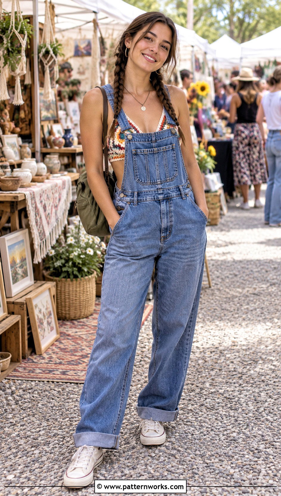 Crochet Lace Bralette With Denim Overalls And Pendant Necklace - 18 crochet lace bralette with necklace outfit ideas
