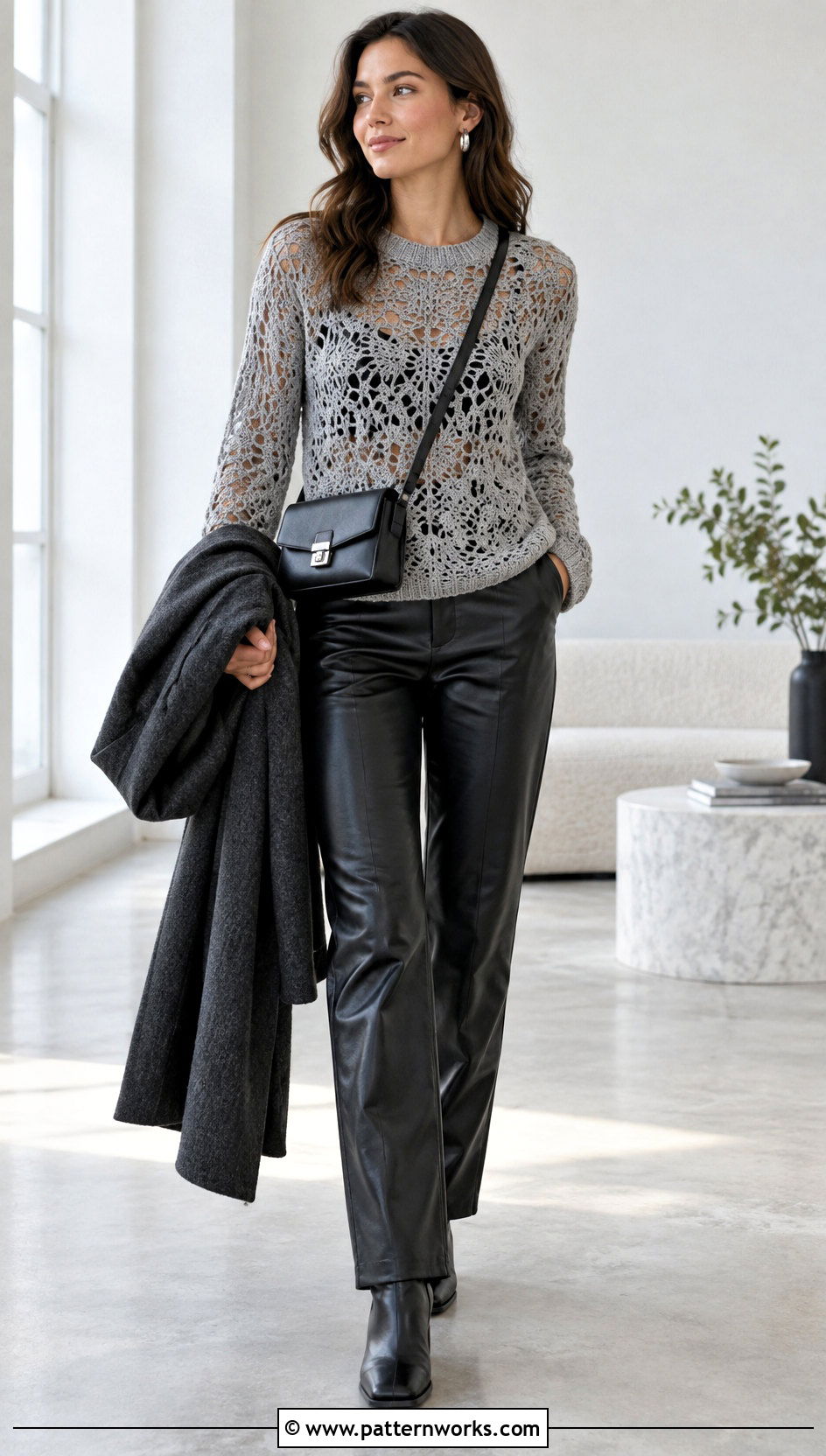 Crochet Lace Sweater With Faux Leather Pants - 30 crochet lace sweater outfit ideas