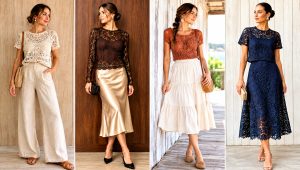 18 Crochet Lace Top on Wooden Background Outfit Ideas