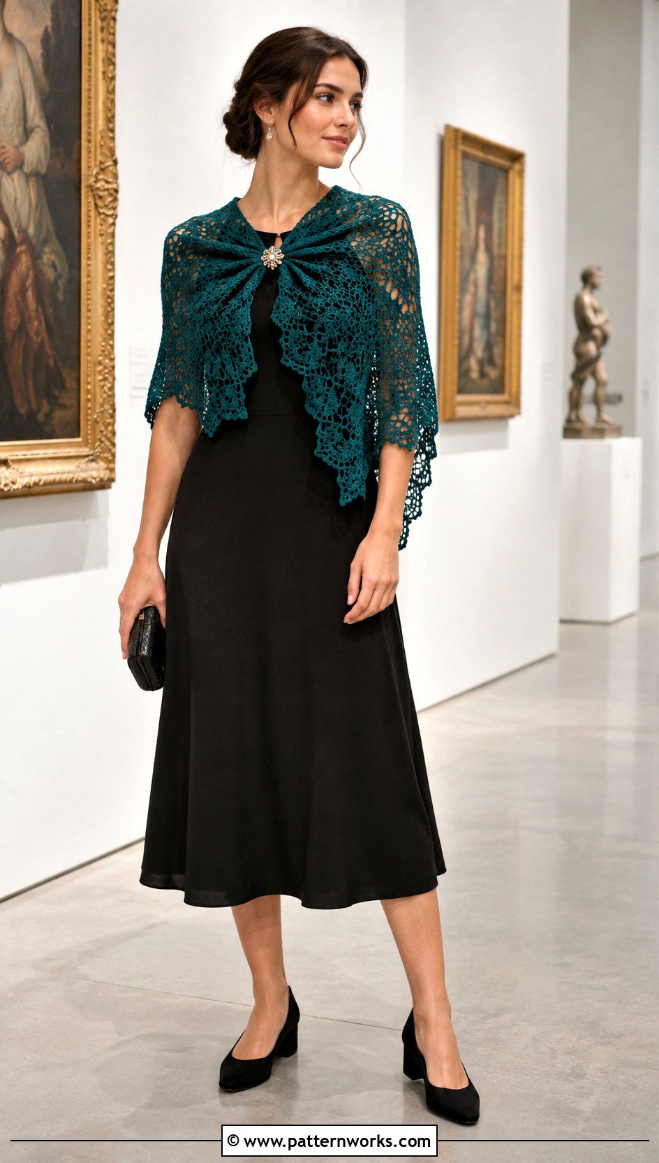 Crochet Lace Triangle Shawl With Black Midi Dress - 18 Crochet Lace Triangle Shawl outfit ideas